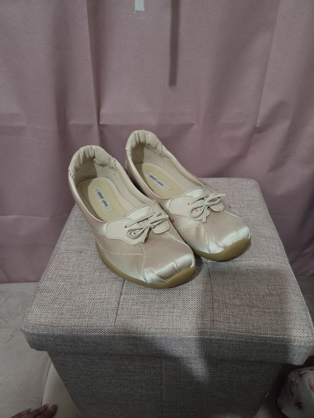 Sandy Liang Satin Bow-Trim Slip-On Flats in Pink